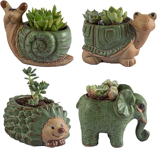 small plant pots indoor Animal Ceramic Planters for Indoor Succulents and Cacti, Small Pots with Drainage 4.33" Snail