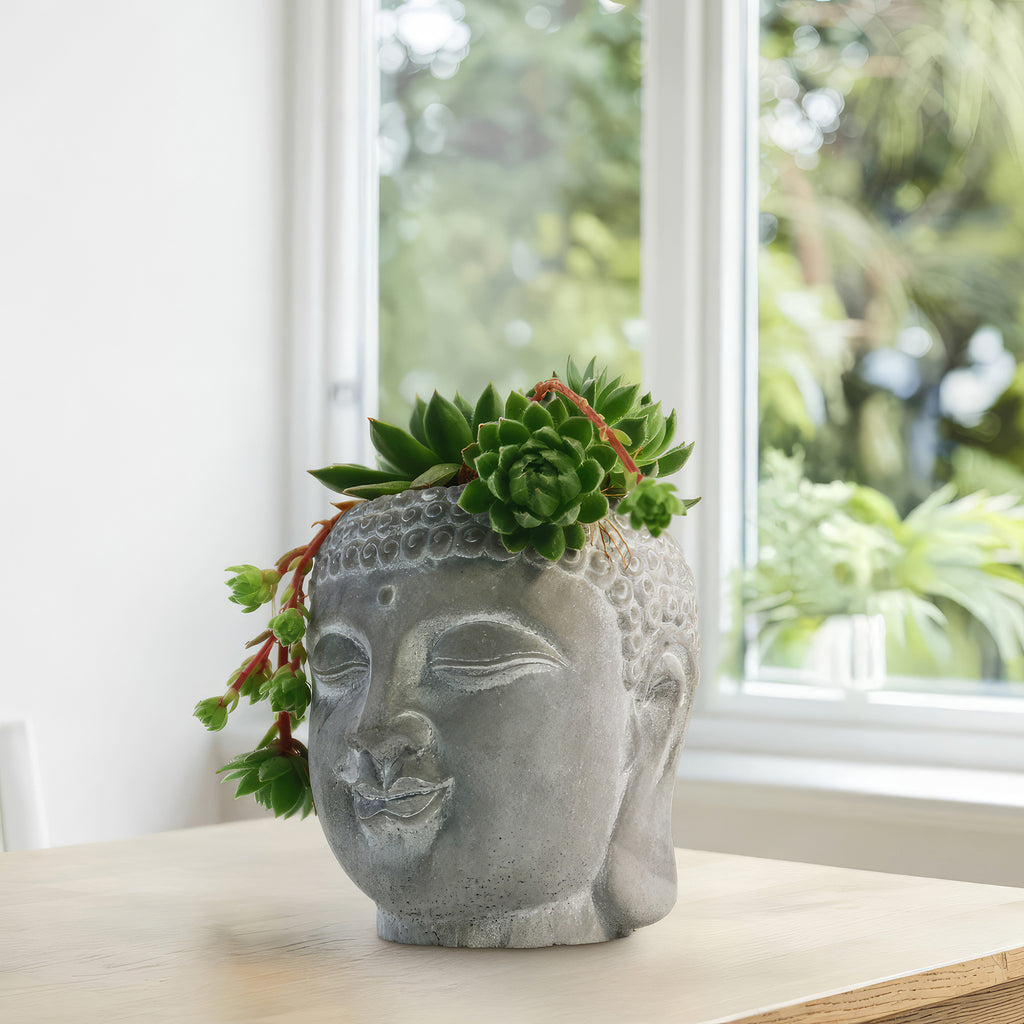Buddha’s Head planter with lush indoor plants sits on a light wooden table by a window, creating a peaceful display with greenery.