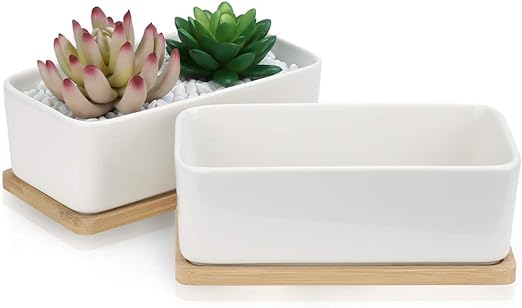 6-inch Rectangular Ceramic Planter with Bamboo Tray: Ideal for Cacti, Bonsai, and Flowers