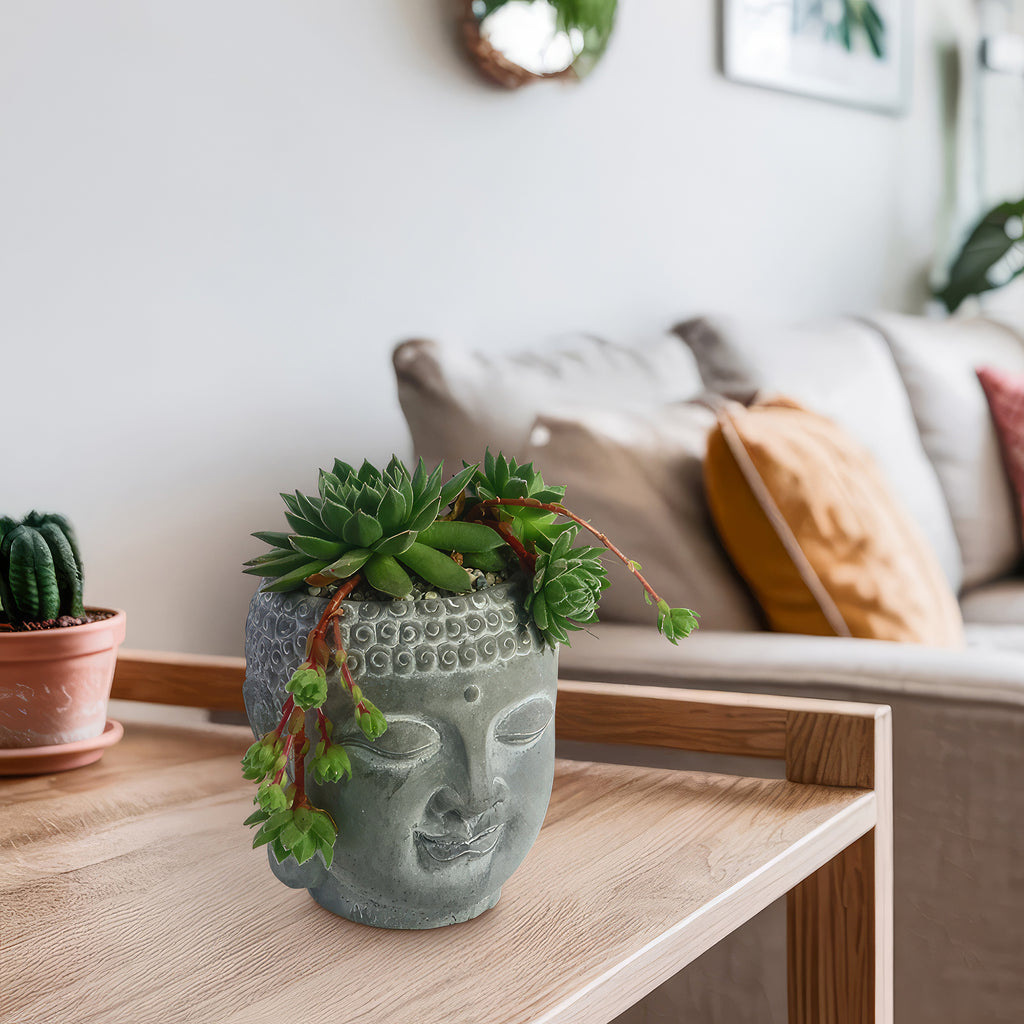 A Buddha head planter with live indoor plants rests on a wooden table, with a beige sofa and colorful cushions in the background.