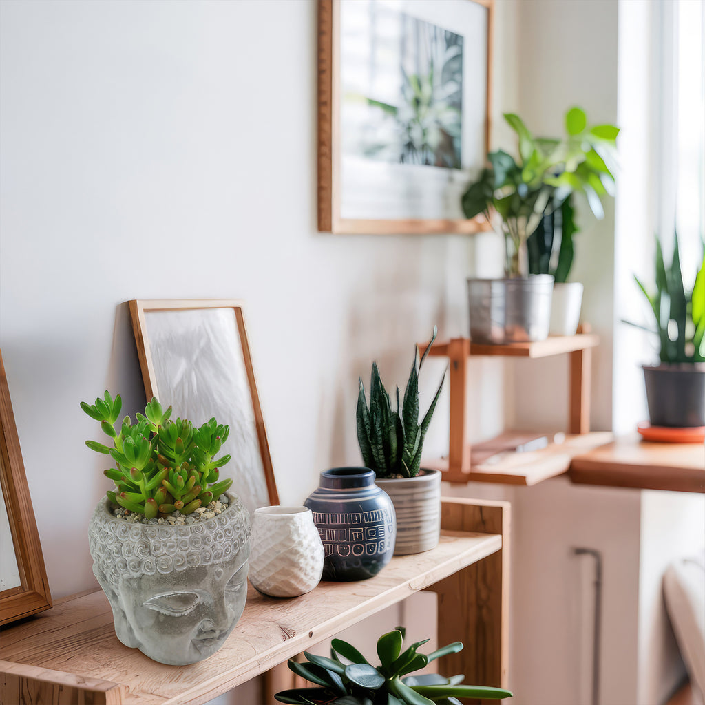 A sunlit room with wooden shelves displays Buddha's Head, live indoor plants in ceramic pots, vases, and framed artwork for a cozy feel.