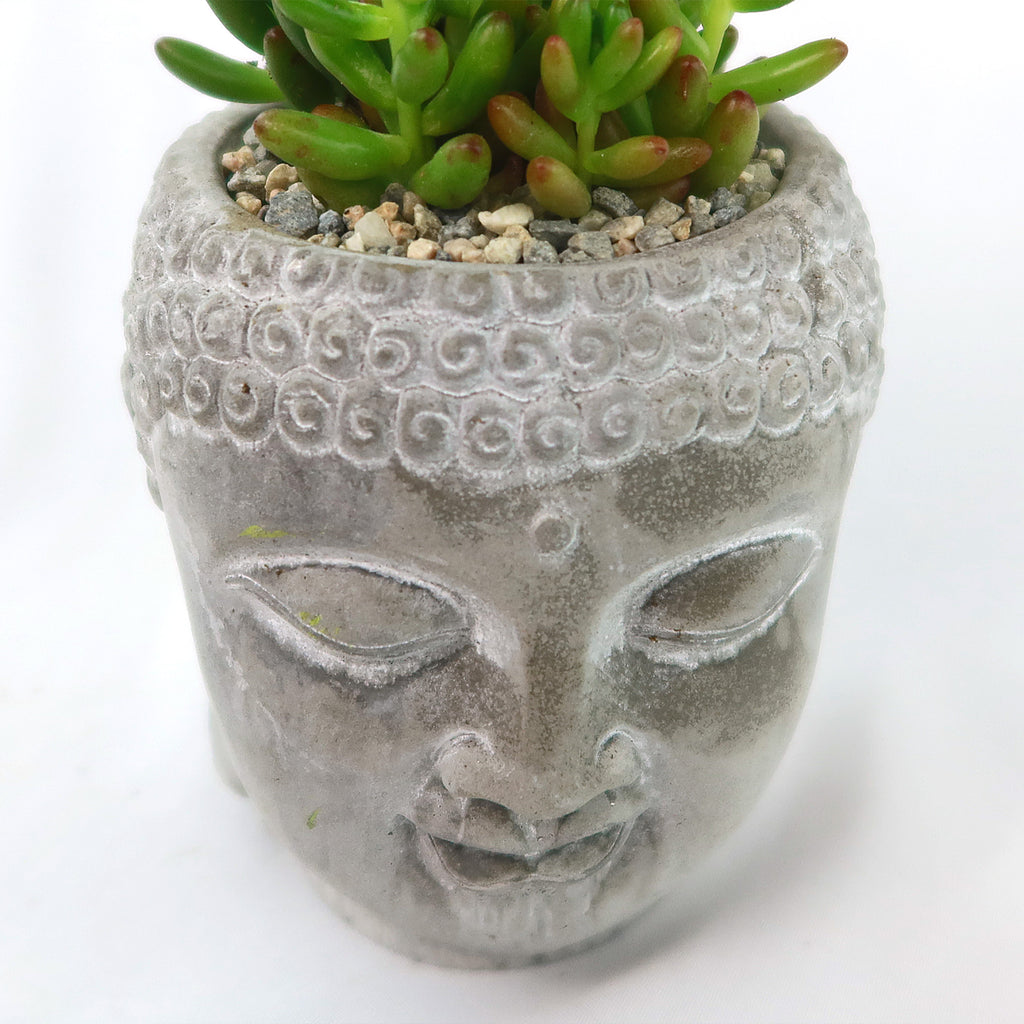 Gray ceramic Buddha head planter with a succulent and pebbles, adding a serene touch to any room. Shown on a plain white background.