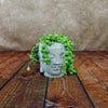 A Buddha’s head indoor planter with lush greenery on a wooden surface, set against a neutral textured wall for subtle contrast.