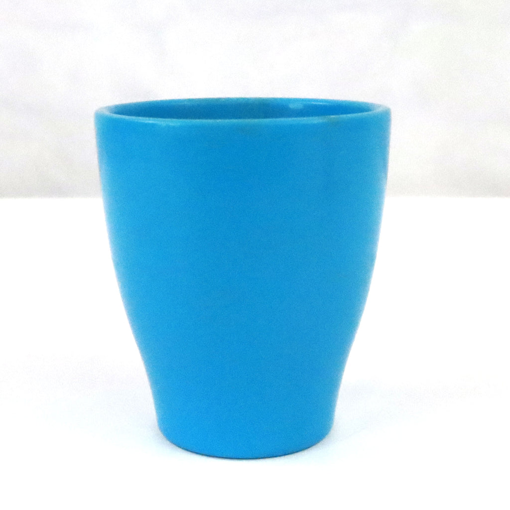 Glossy blue ceramic pottery pot with a plain, smooth finish and slightly flared rim, shown upright on a white background.