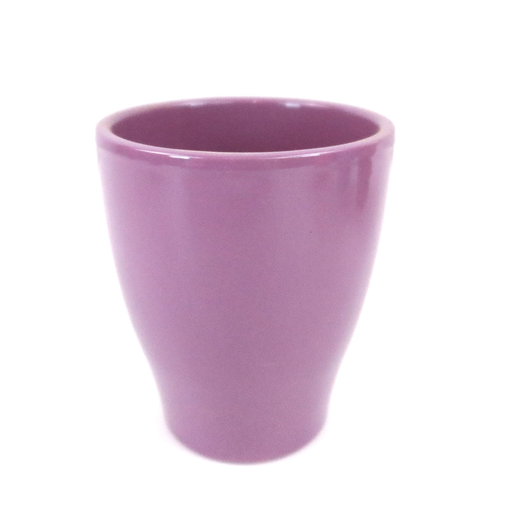 Purple ceramic glossy solid color pottery planter with a flared top on a white background, suitable for small indoor plants.
