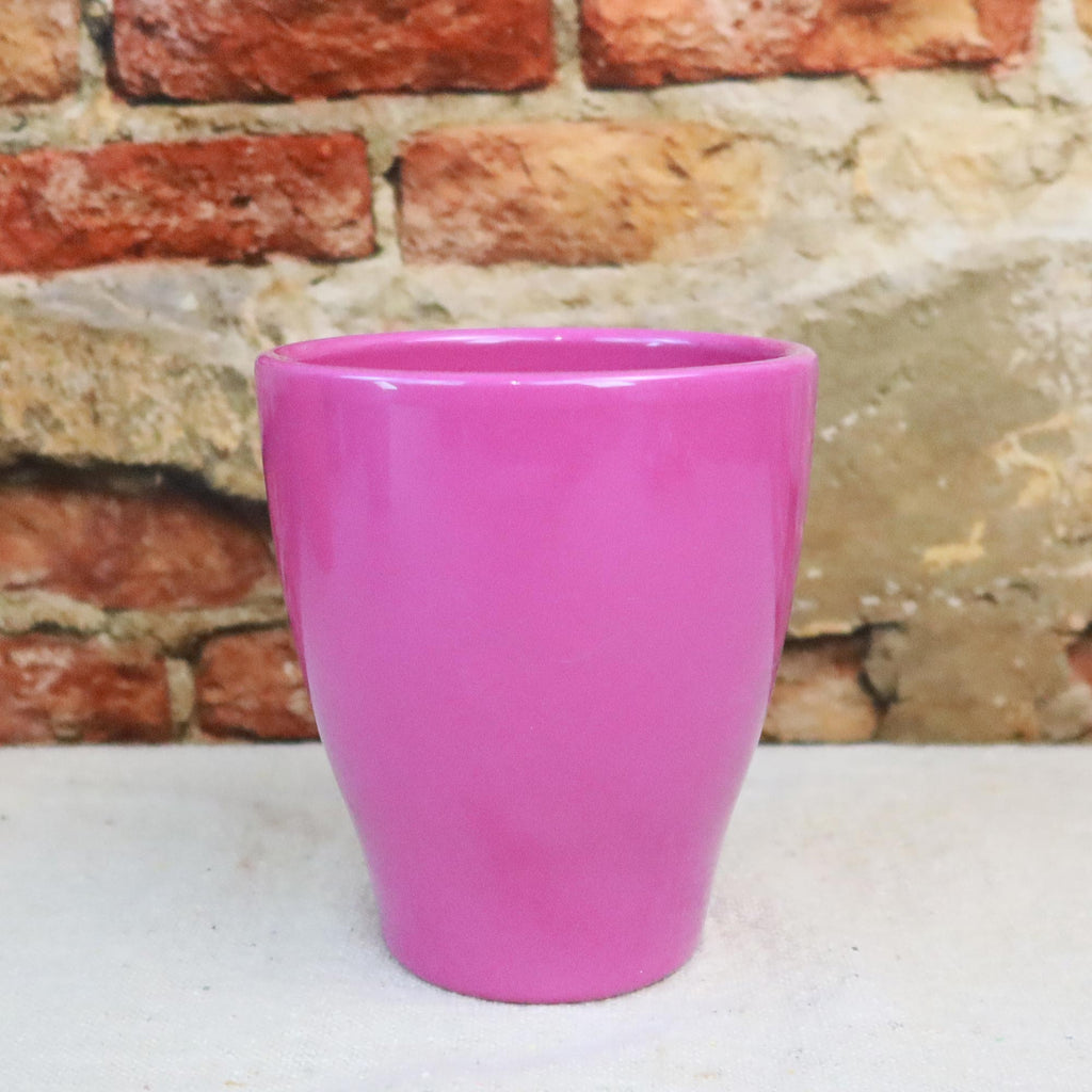 Bright pink ceramic glossy pottery sits on a light surface in front of a brick wall, adding charm as a decorative planter.