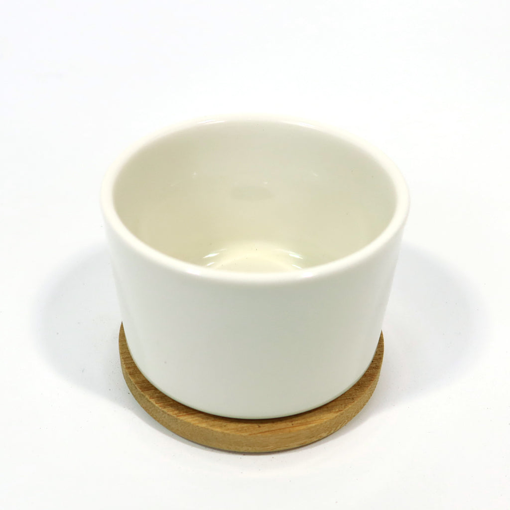 Mini White Ceramic Cactus Planter with Drainage Hole and Bamboo Tray