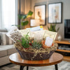 The 2 Succulent Growing Kit Gift Basket is on a table with succulents, candle, care cards, and soil in a cozy living room setting.