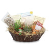 Gift basket with two potted succulents, soil mix, plant care items, Merry Christmas card, and festive mini figurines for home growing.