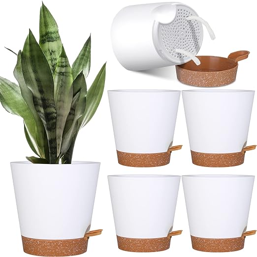 White Self Watering Plastic Plant Pot with Bottom-Indoor and Outdoor