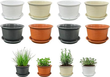 small plastic planter 4-Inch Plastic Nursery Pots for Plant Transplanting – Includes Drainage Holes and Saucers 4" White