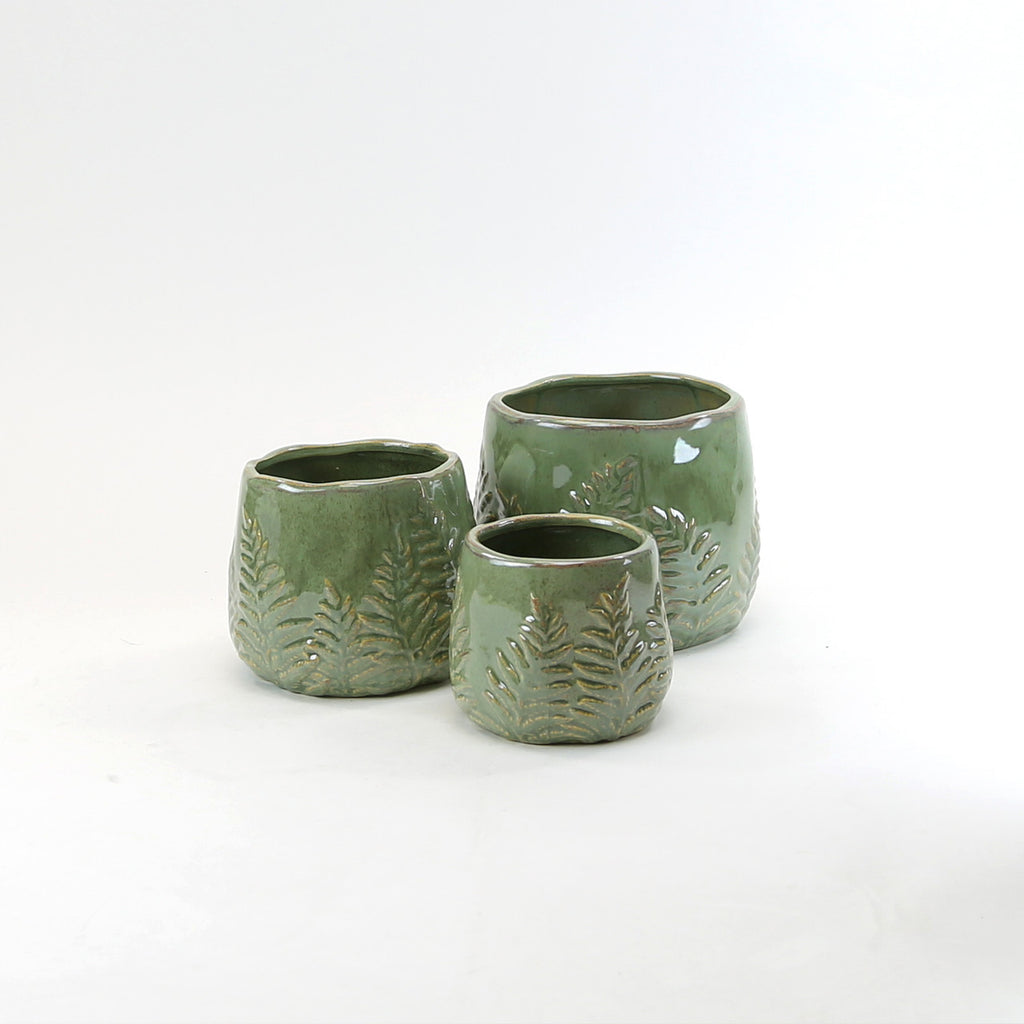 Fern Print Reactive Glazed Pot