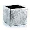 Silver ceramic cube pot with a glossy, metallic finish and textured lines, shown as a modern planter against a white background.