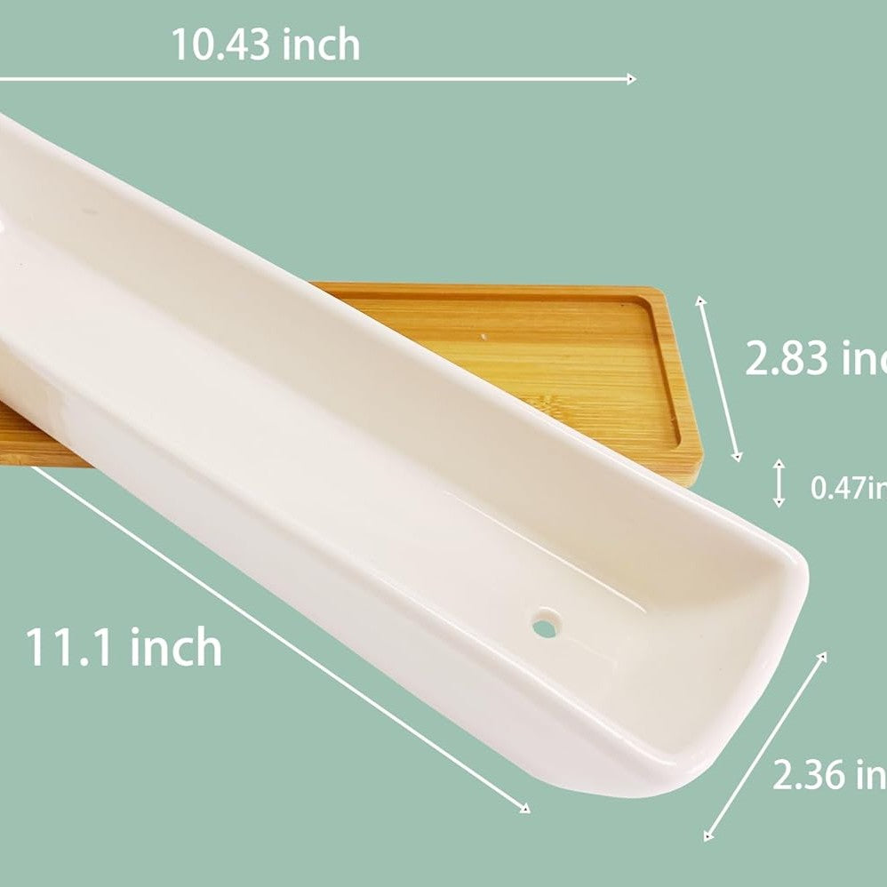 Sleek White Ceramic Succulent Planter:Rectangular Pot with Bamboo Saucer